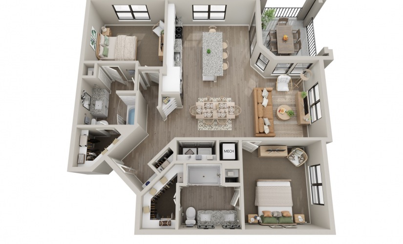 B3 - 2 bedroom floorplan layout with 2 bathrooms and 806 - 1238 square feet